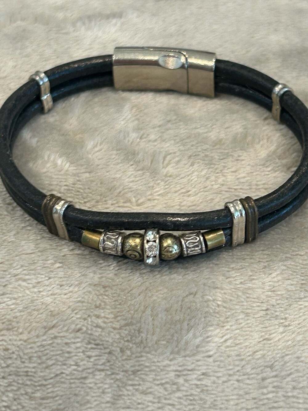 Black Leather Double Strand Bracelet with Silver and Brass Accent Beads